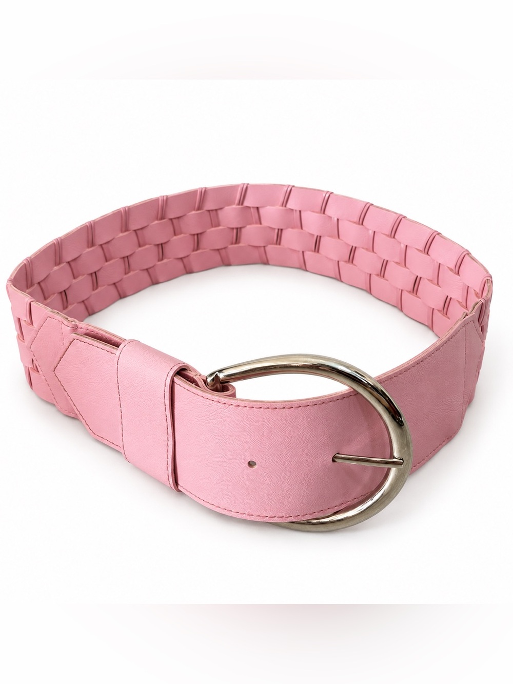 Vintage Y2K Le Château Waist Belt Pink Woven Vinyl Wide silver buckle 28”-32” W